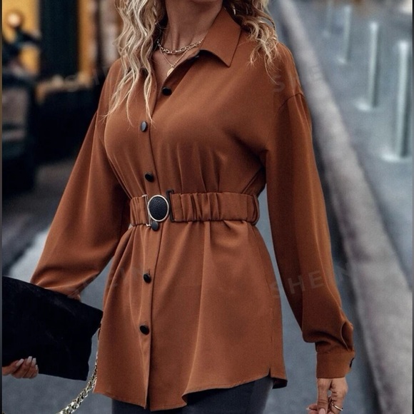 NWOT Shein Drop Shoulder Button Front Belted Shirt - Rust Brown Sz L - Picture 1 of 3